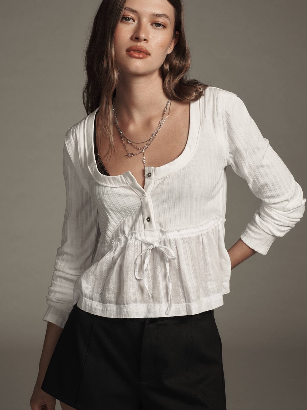 Anthropologie Pilcro Long-Sleeve Scoop-Neck Babydoll Top